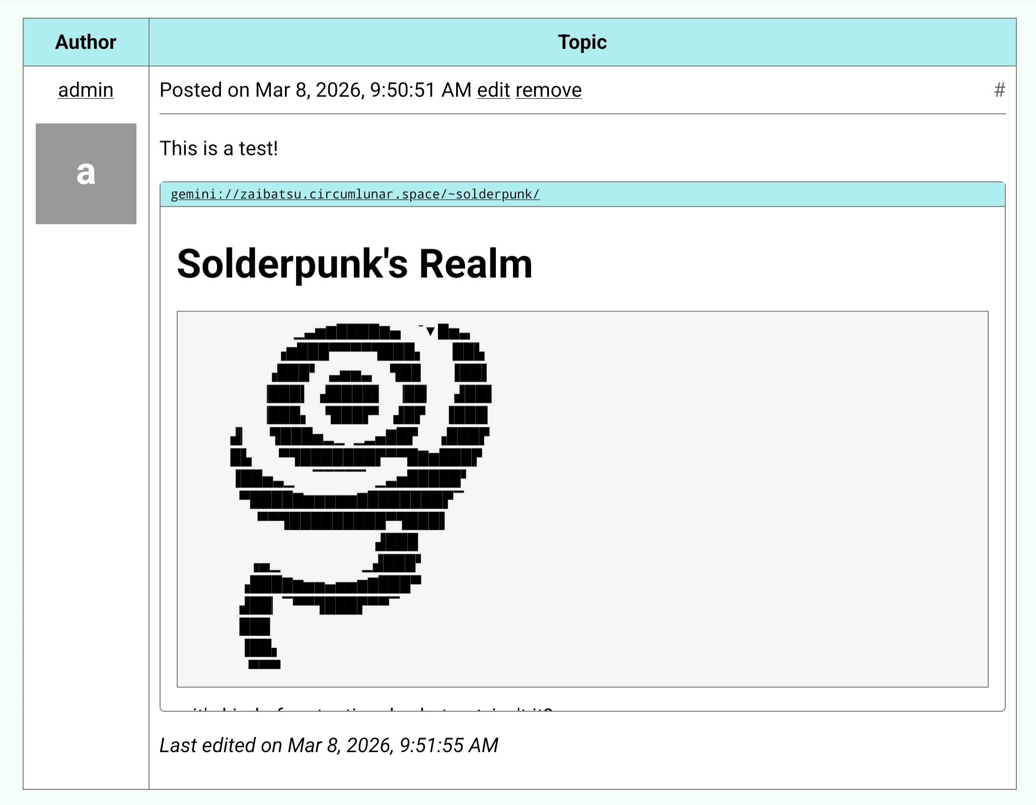 Screenshot of Solderpunk Realm capsule embedded in a forum post on vpub-plus